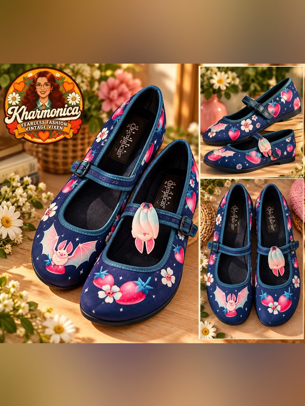Kharmonica Navy Mary Janes with Pink Strawberry & Bat Charm